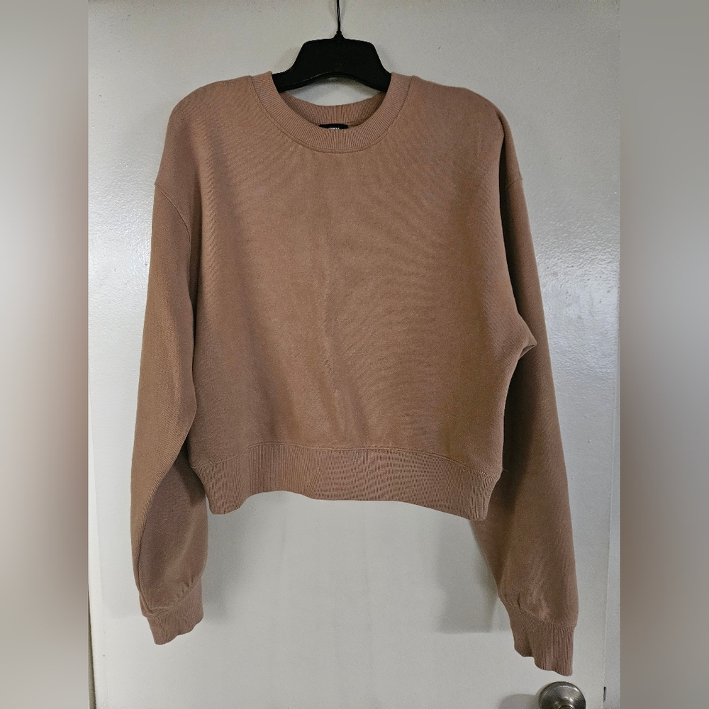 Express Crew Neck Banded Bottom Cropped Sweatshirt - Camel - Size M - Picture 5 of 6